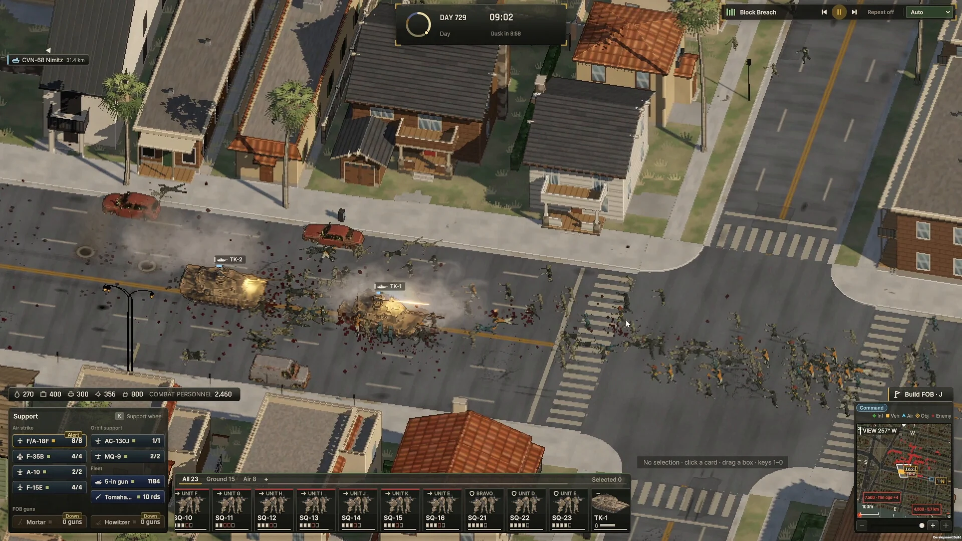 Ebbtide gameplay screenshot showing troops fighting zombies on a Los Angeles street